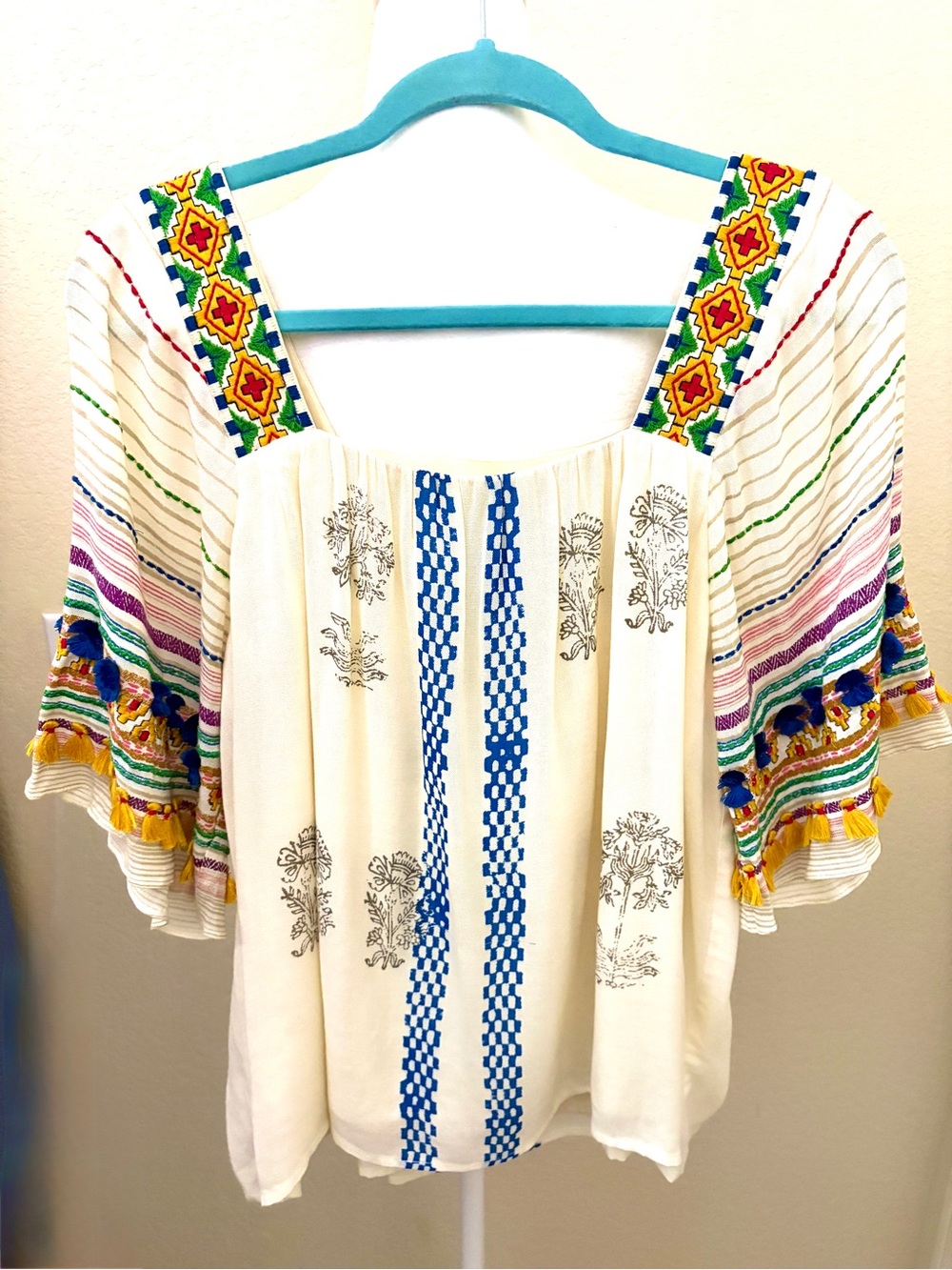 Vineet Bahl Embroidered Ivory Boho Peasant Blouse with Multicolor Strap Detail